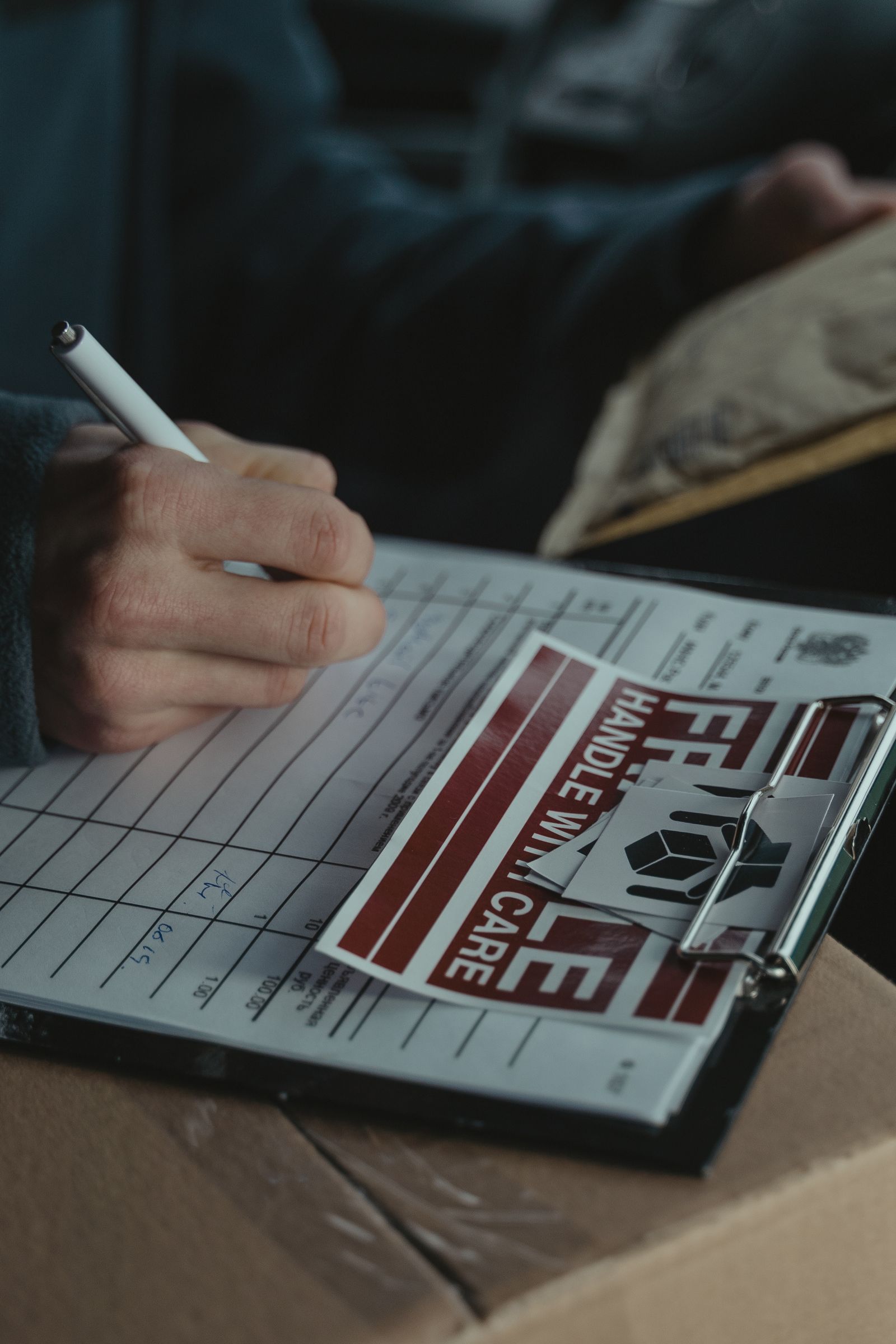 Shipment record being completed on a warehouse clipboard