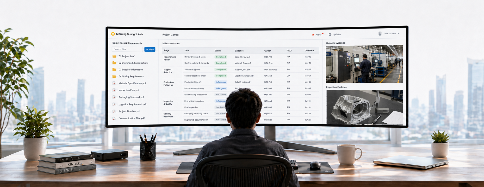 Project control desk showing manufacturing evidence and milestone status
