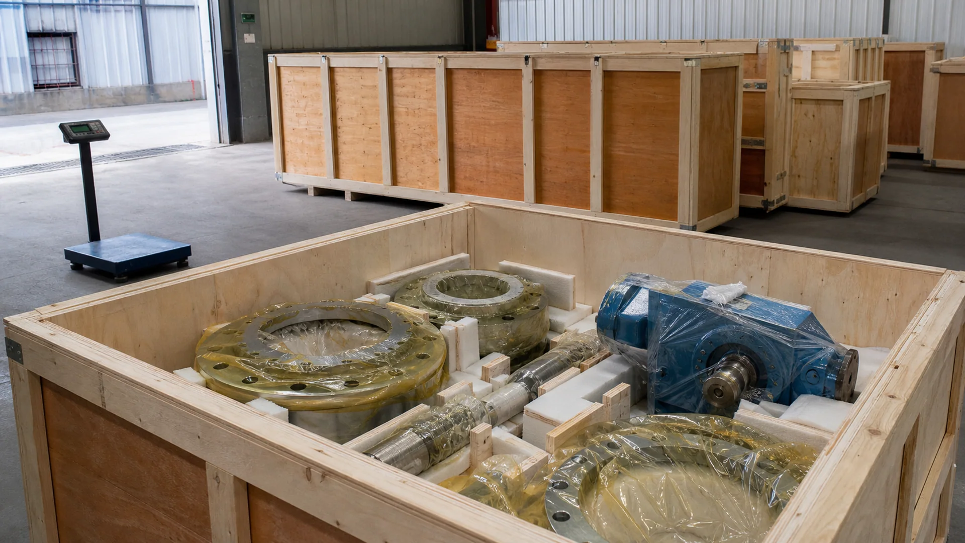 Industrial parts packed in a wooden export crate