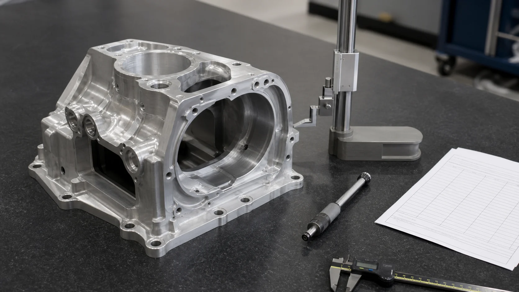 Machined sample part on inspection table