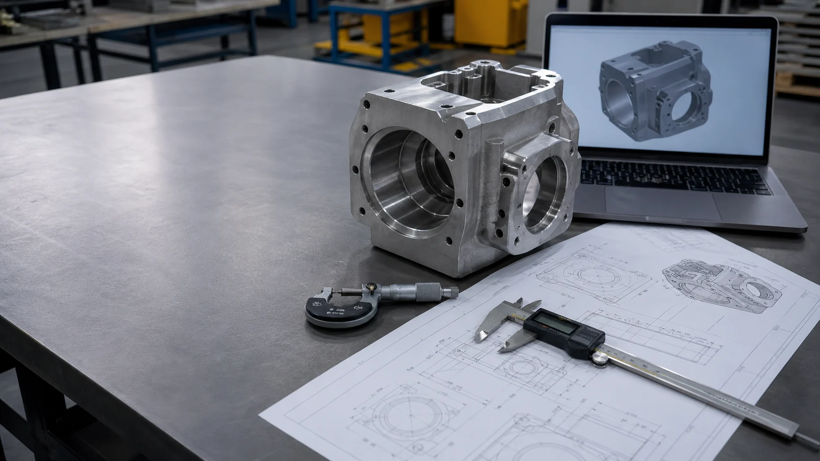 Industrial drawing review with machined component and measurement tools